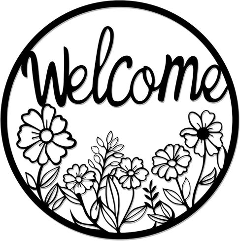 ATSKIM علامة ترحيب في الهواء الطلق للباب الأمامي، علامة باب معدنية سوداء للترحيب، لافتة دائرية معلقة معدنية لتزيين الحائط للشرفة الأمامية الخارجية وغرفة المعيشة والمكتب المنزلي (أسود) (أسود) in Kuwait