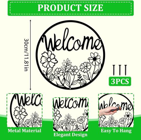 ATSKIM علامة ترحيب في الهواء الطلق للباب الأمامي، علامة باب معدنية سوداء للترحيب، لافتة دائرية معلقة معدنية لتزيين الحائط للشرفة الأمامية الخارجية وغرفة المعيشة والمكتب المنزلي (أسود) (أسود) in Kuwait