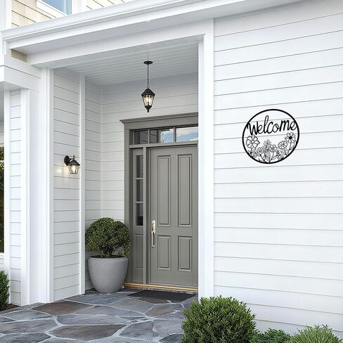 ATSKIM علامة ترحيب في الهواء الطلق للباب الأمامي، علامة باب معدنية سوداء للترحيب، لافتة دائرية معلقة معدنية لتزيين الحائط للشرفة الأمامية الخارجية وغرفة المعيشة والمكتب المنزلي (أسود) (أسود) in Kuwait