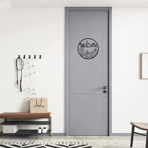 ATSKIM علامة ترحيب في الهواء الطلق للباب الأمامي، علامة باب معدنية سوداء للترحيب، لافتة دائرية معلقة معدنية لتزيين الحائط للشرفة الأمامية الخارجية وغرفة المعيشة والمكتب المنزلي (أسود) (أسود) in Kuwait