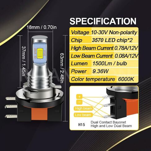 Ruiandsion H15 LED مصباح لمبة 6500K أبيض، شعاع عالي/منخفض 12V-24V 3 Prong PGJ23T1 قاعدة، التوصيل والتشغيل لاستبدال مصابيح السيارة (حزمة من 2) in Kuwait