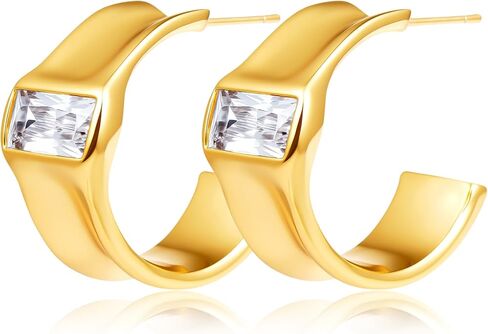 أقراط دائرية ذهبية مكتنزة للنساء 18 قيراط مطلية بالذهب مكعب زركونيا سميكة متوسطة الحجم مع عمود من الفضة الإسترليني عيار 925 لا يسبب الحساسية in Kuwait