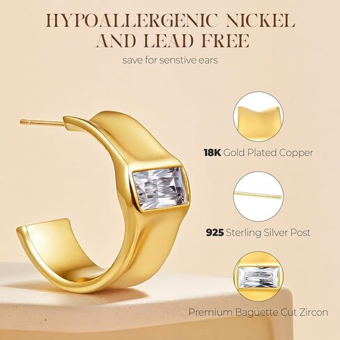 أقراط دائرية ذهبية مكتنزة للنساء 18 قيراط مطلية بالذهب مكعب زركونيا سميكة متوسطة الحجم مع عمود من الفضة الإسترليني عيار 925 لا يسبب الحساسية in Kuwait