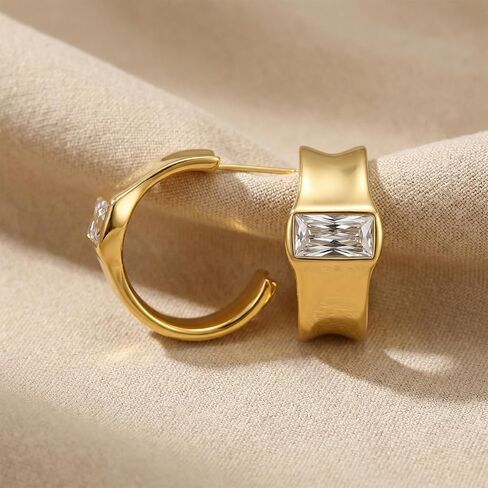 أقراط دائرية ذهبية مكتنزة للنساء 18 قيراط مطلية بالذهب مكعب زركونيا سميكة متوسطة الحجم مع عمود من الفضة الإسترليني عيار 925 لا يسبب الحساسية in Kuwait