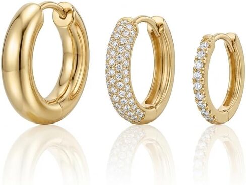 Small Gold Hoop Earrings Set for Women, 18K Gold Plated Chunky Dome & Pave CZ Huggies for Multiple Piercings, Lightweight Hypoallergenic Jewelry Gift for Sensitive Ears in Kuwait