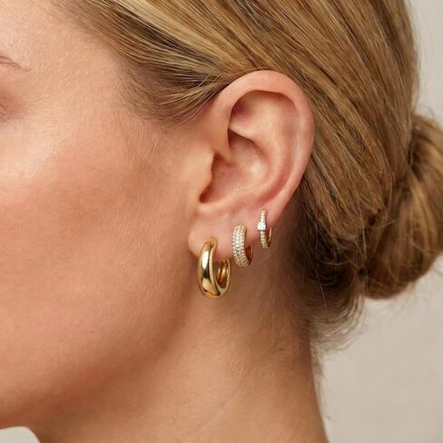 Small Gold Hoop Earrings Set for Women, 18K Gold Plated Chunky Dome & Pave CZ Huggies for Multiple Piercings, Lightweight Hypoallergenic Jewelry Gift for Sensitive Ears in Kuwait