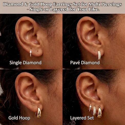 Small Gold Hoop Earrings Set for Women, 18K Gold Plated Chunky Dome & Pave CZ Huggies for Multiple Piercings, Lightweight Hypoallergenic Jewelry Gift for Sensitive Ears in Kuwait