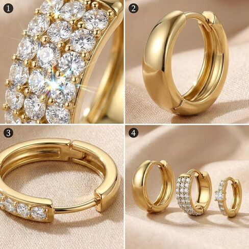 Small Gold Hoop Earrings Set for Women, 18K Gold Plated Chunky Dome & Pave CZ Huggies for Multiple Piercings, Lightweight Hypoallergenic Jewelry Gift for Sensitive Ears in Kuwait