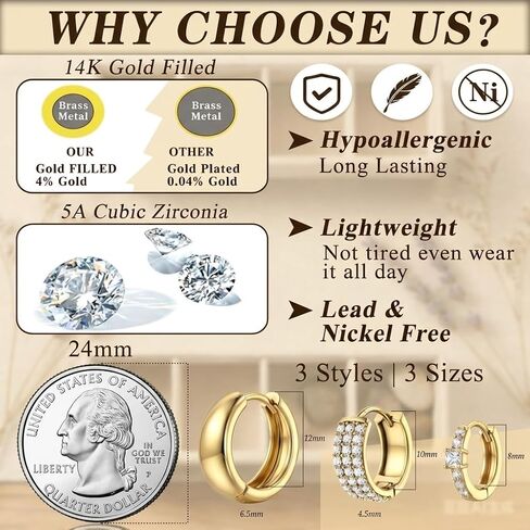 Small Gold Hoop Earrings Set for Women, 18K Gold Plated Chunky Dome & Pave CZ Huggies for Multiple Piercings, Lightweight Hypoallergenic Jewelry Gift for Sensitive Ears in Kuwait