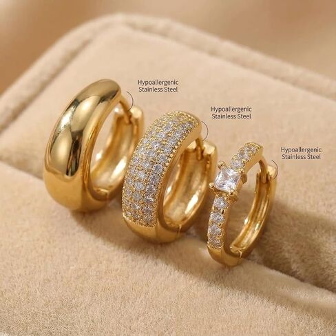 Small Gold Hoop Earrings Set for Women, 18K Gold Plated Chunky Dome & Pave CZ Huggies for Multiple Piercings, Lightweight Hypoallergenic Jewelry Gift for Sensitive Ears in Kuwait