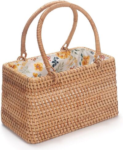 حقيبة يد من الروطان للنساء، حقيبة يد منسوجة يدويًا بمقبض علوي، وحقيبة صيفية ومحفظة للسفر والعطلات والزفاف (بطانة من زهرة رنين الرياح) in Kuwait