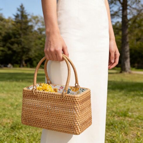 حقيبة يد من الروطان للنساء، حقيبة يد منسوجة يدويًا بمقبض علوي، وحقيبة صيفية ومحفظة للسفر والعطلات والزفاف (بطانة من زهرة رنين الرياح) in Kuwait