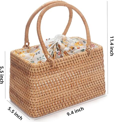 حقيبة يد من الروطان للنساء، حقيبة يد منسوجة يدويًا بمقبض علوي، وحقيبة صيفية ومحفظة للسفر والعطلات والزفاف (بطانة من زهرة رنين الرياح) in Kuwait