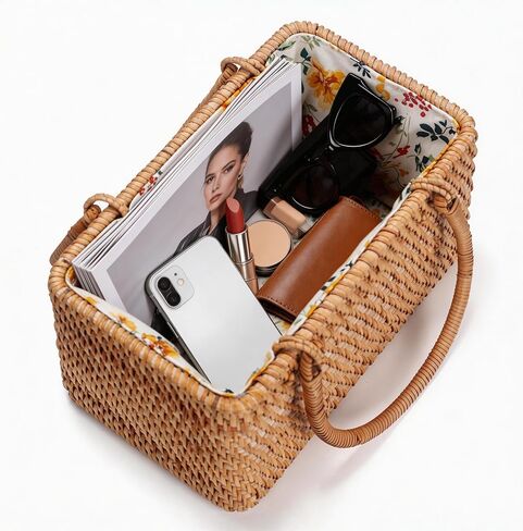 حقيبة يد من الروطان للنساء، حقيبة يد منسوجة يدويًا بمقبض علوي، وحقيبة صيفية ومحفظة للسفر والعطلات والزفاف (بطانة من زهرة رنين الرياح) in Kuwait