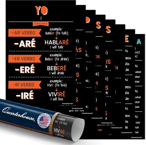 Quarterhouse Spanish Future-Tense Verbs Poster Set, Spanish - ESL Classroom Learning Materials for K-12 Students and Teachers, Set of 7, 12 x 18 Inches, Extra Durable in Kuwait