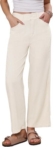 بنطلون Allegra K من الكتان للنساء كاجوال خفيف الوزن وواسع الساق وبنطال بخصر مطاطي مع جيوب in Kuwait