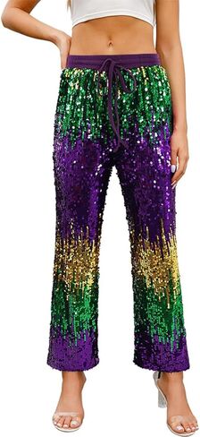 Aelidiya Women's Glitter Sequin Long Loose Pants Bling Party Clubwear Elastic Drawstring Casual Pants in Kuwait