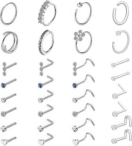 32 Pcs Nose Rings for Women Men, L Shape, Hoop & Screw Body Jewelry, Surgical Stainless Steel Retainer Nose Rings Hoops for Noses Cartilage Body Piercing Jewelry in Saudi Arabia