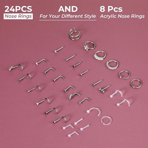 32 Pcs Nose Rings for Women Men, L Shape, Hoop & Screw Body Jewelry, Surgical Stainless Steel Retainer Nose Rings Hoops for Noses Cartilage Body Piercing Jewelry in Saudi Arabia
