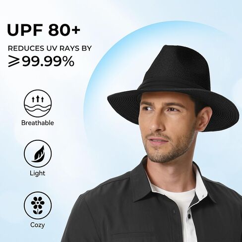 Panama Hat Sun Hats for Men Women Wide Brim Fedora Straw Beach Hat UV UPF 80+ in Saudi Arabia
