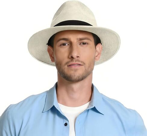 Panama Hat Sun Hats for Men Women Wide Brim Fedora Straw Beach Hat UV UPF 80+ in Saudi Arabia