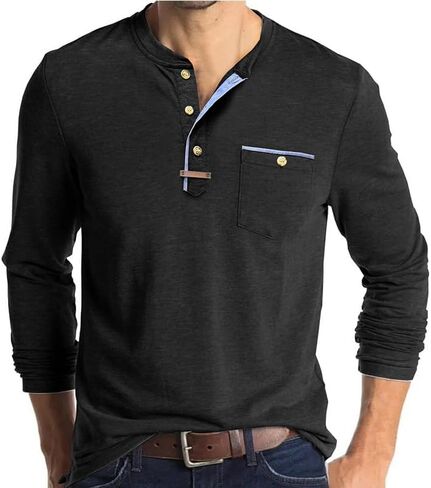 Men's Henley Shirts Long Sleeve Classic Business Casual Button T-Shirts Contrast Color Patchwork Pullover Tops with Pocket in Saudi Arabia