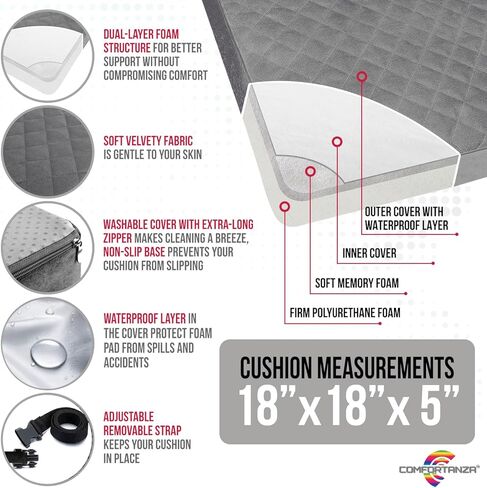 Booster Cushion for Adults - 18x18x5 Medium-Firm Seat Cushion for Home, Office, Wheelchair, Car - Washable Velvety Cover with Waterproof Layer, Removable Strap & Non-Slip Base - Beige in Kuwait