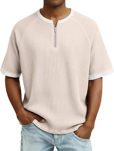 Men's Round Neck Top Waffle Knit Color Block Casual Loose Short Sleeve Summer Tee Shirts Soft Textured Pullover Tops in Saudi Arabia