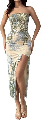 Milumia Women's Floral Print Split Thigh Tube Dress Strapless Ruffle Trim Mesh Bodycon Long Dresses in Saudi Arabia