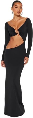 Women Sexy Hollow Out Bodycon Dress Long Sleeve Belly Cutout Maxi Long Dresses for Cocktail Party Festival Dress in Kuwait