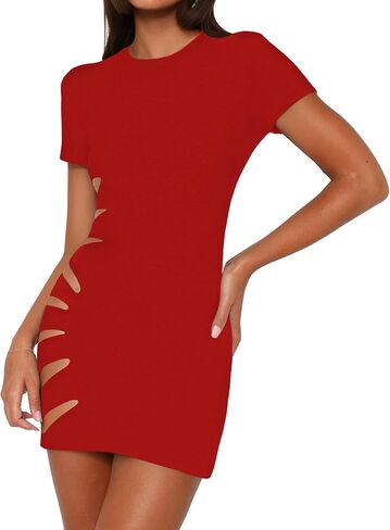 SHESEEWORLD Women's Hollow Out Bodycon Mini Dress Sexy Short Sleeve Crew Neck Cut Out Cocktail Club Short Dresses in Saudi Arabia