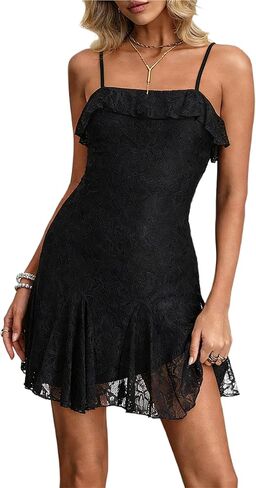 HYPERFIRE Women's Summer Spaghetti Strap Lace Mini Dress Ruffle Cami Short Dresses Party Evening in Kuwait