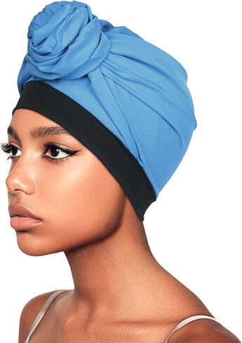 غطاء رأس عمامة قابل للتعديل من FADACHY وقلنسوة شعر للنساء، أغطية رأس ناعمة من العلاج الكيميائي، قبعة صغيرة مطاطية باللون الأزرق in Kuwait