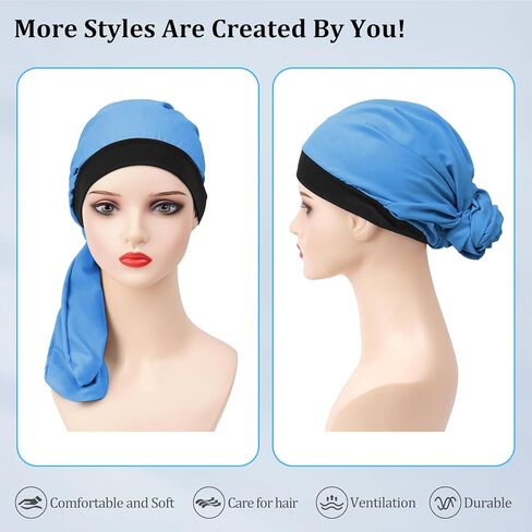 غطاء رأس عمامة قابل للتعديل من FADACHY وقلنسوة شعر للنساء، أغطية رأس ناعمة من العلاج الكيميائي، قبعة صغيرة مطاطية باللون الأزرق in Kuwait