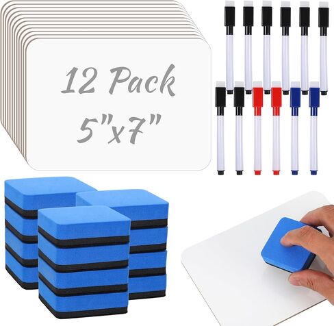 12 Sets Small White Board Small Dry Erase Board, 5"x7" Double Sided Mini Whiteboard with Dry Erase Markers & Erasers for School Home Office, Classroom Must Haves Students Teacher Supplies in Kuwait