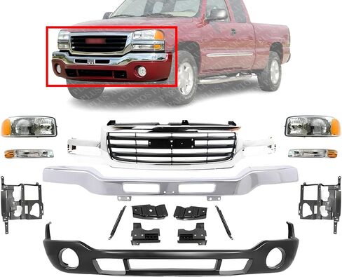 Front Bumper Steel With Brackets+ Grille Chrome + Lower Valance + Head Lights & Park Lamps Left and Right Side Direct Replacement Compatible With 2003-2006 GMC Sierra 1500 in Saudi Arabia