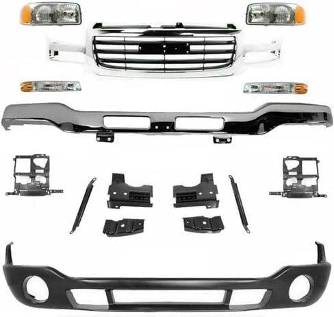Front Bumper Steel With Brackets+ Grille Chrome + Lower Valance + Head Lights & Park Lamps Left and Right Side Direct Replacement Compatible With 2003-2006 GMC Sierra 1500 in Saudi Arabia