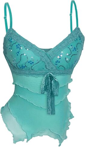 WDIRARA Women's Sequin Mesh Camisole Lace Trim V Neck Tiered Cami Tops in Saudi Arabia