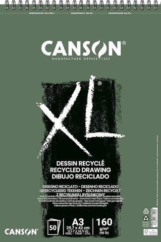 CANSON XL Recycled Drawing 160gsm A3 Paper, Fine Honeycomb Grain, Spiral Pad Short Side, 50 White Sheets, Ideal for Professional Artists & Illustrators in Kuwait