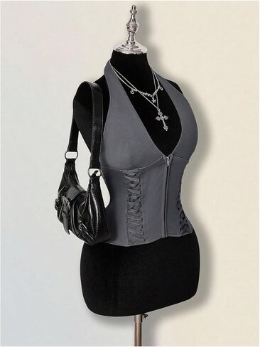 Milumia Women's Deep V Halter Tops Y2k Sleeveless Zip Up Lace Up Sexy Party Vest Tops in Saudi Arabia