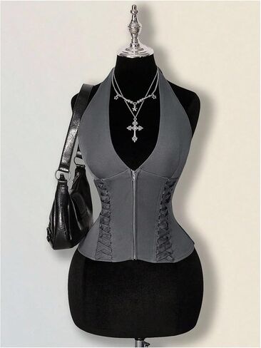 Milumia Women's Deep V Halter Tops Y2k Sleeveless Zip Up Lace Up Sexy Party Vest Tops in Saudi Arabia