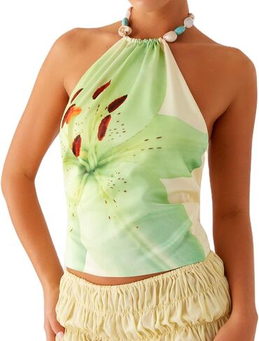 Backless Halter Tops for Women Y2k Sleeveless Open Back Tie Up Floral Print Camisole Silk Satin Going Out Top in Kuwait