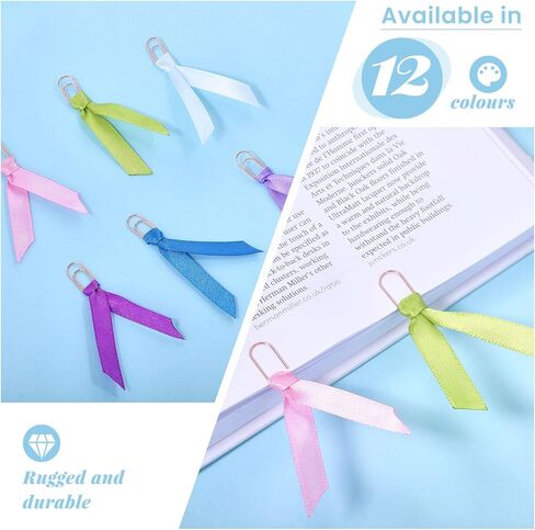 CHGCRAFT 12 Pcs 12 Colors Bow Bookmark with Carbon Steel Paper Clips Ribbon Bookmarks Planner Note Clips Book Markers for Teachers Bookworm Gift, Silver in Saudi Arabia