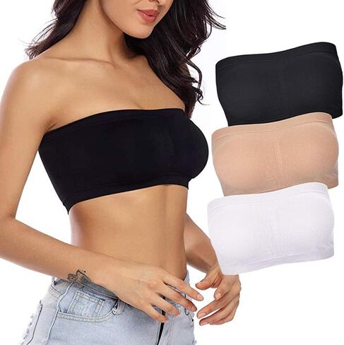 3 Pieces Women Strapless Bandeau Bra, Padded Bralette Seamless Bandeau Tube Top Bra, Black+White+Beige, M in Saudi Arabia