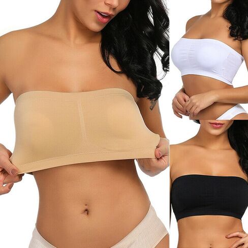 3 Pieces Women Strapless Bandeau Bra, Padded Bralette Seamless Bandeau Tube Top Bra, Black+White+Beige, M in Saudi Arabia
