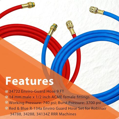 مجموعة خرطوم حماية البيئة 9FT 34722 لخراطيم Robinair Hvac، مجموعة خرطوم حماية Enviro باللون الأحمر والأزرق R-134a لآلات Robinair 34788، 34288، 34134Z RRR، ضغط عمل 740 رطل لكل بوصة مربعة / ضغط انفجار 3700 رطل لكل بوصة مربعة in Kuwait