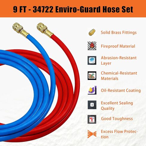 مجموعة خرطوم حماية البيئة 9FT 34722 لخراطيم Robinair Hvac، مجموعة خرطوم حماية Enviro باللون الأحمر والأزرق R-134a لآلات Robinair 34788، 34288، 34134Z RRR، ضغط عمل 740 رطل لكل بوصة مربعة / ضغط انفجار 3700 رطل لكل بوصة مربعة in Kuwait