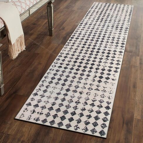 Rugshop Geometric Distressed Abstract Washable Non Slip Runner Rug 2' x 10' Ivory in Saudi Arabia