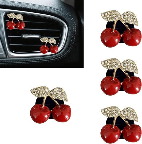 4 PCS Cherry Car Air Vent Freshener Perfume Clip, Creative Alloy Aromatherapy Ornament with Rhinestones, Bling Cute Cherry Decor Car Accessories, Universal for Most Cars (Red) in Kuwait