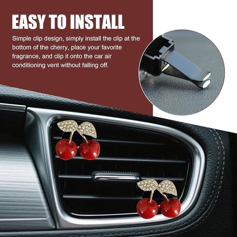 4 PCS Cherry Car Air Vent Freshener Perfume Clip, Creative Alloy Aromatherapy Ornament with Rhinestones, Bling Cute Cherry Decor Car Accessories, Universal for Most Cars (Red) in Kuwait
